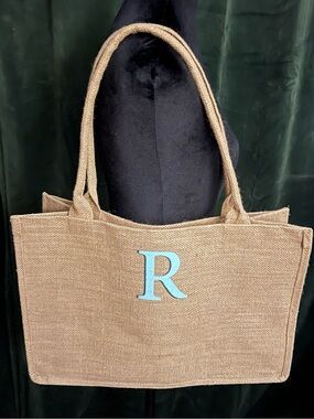 Kirklands Brown Jute Tote with Light Blue Monogram R